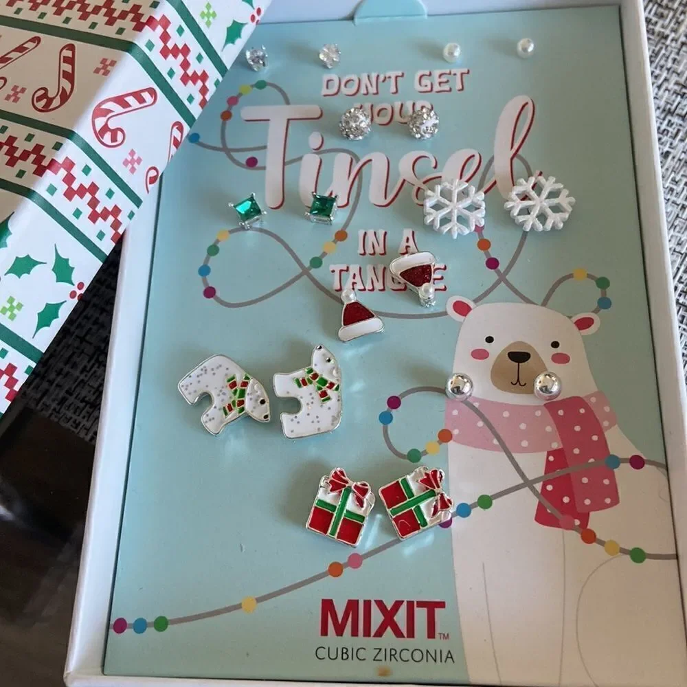 Mixit Gold Tone Christmas 9 Pair Cubic Zirconia Earring Set NWT 3 poly mailers